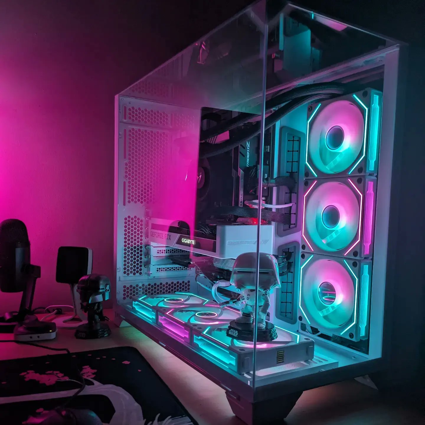 Custom white gaming PC built by Jacob — tempered-glass case, Gigabyte GeForce RTX graphics card, and triple RGB cooling fans
